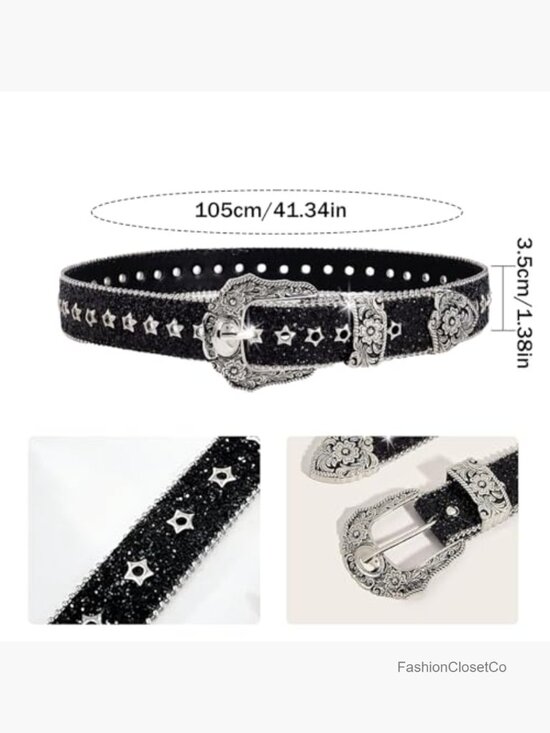 Rhinestone Studded PU Leather Belt with Engraved Buckle main image 5